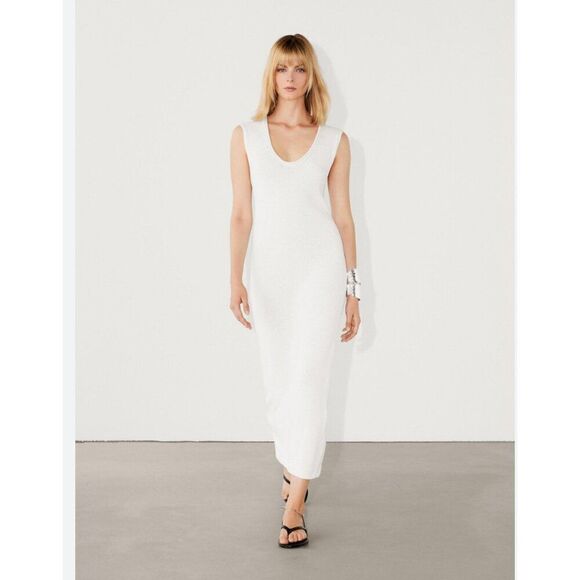 Massimo Dutti Dresses & Skirts - Massimo Dutti Women Midi Dress XS Cream V Neck Knit Slit Cotton 6600/530 NWT